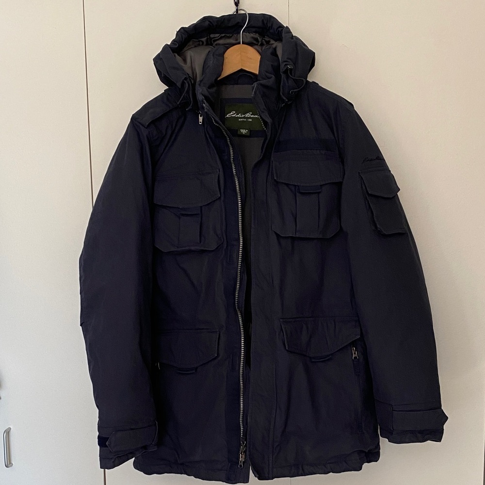 Eddie Bauer Dark Blue Men's Heavy Down Parka Jacket Detachable Hood Tall Large